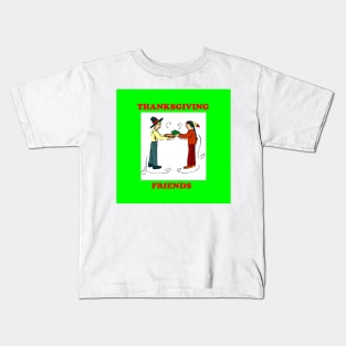 Thanksgiving Friends sharing Food with a green frame. Kids T-Shirt